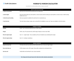 Markup & Margin Calculator instructions tab explaining how to use the workbook and what the results mean