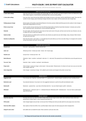 Multi-Color / AMS 3D Print Cost Calculator instructions tab explaining how to use the workbook and what the results mean