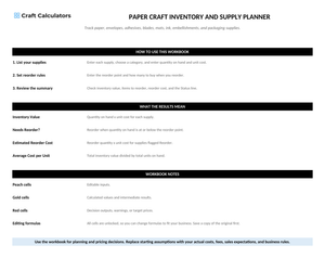 Paper Craft Inventory and Supply Planner instructions tab explaining how to use the workbook and what the results mean
