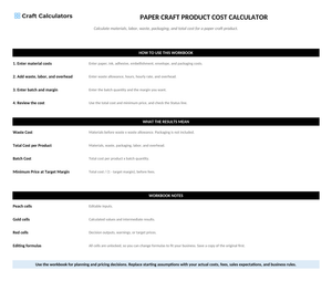 Paper Craft Product Cost Calculator instructions tab explaining how to use the workbook and what the results mean