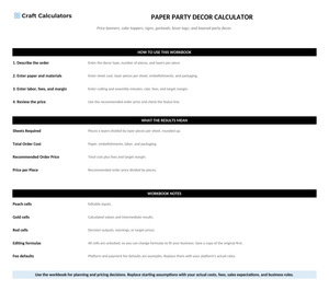 Paper Party Decor Calculator instructions tab explaining how to use the workbook and what the results mean
