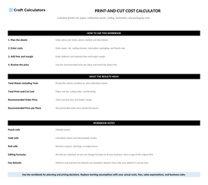 Print-and-Cut Cost Calculator instructions tab explaining how to use the workbook and what the results mean