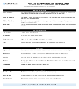 Printable Heat Transfer Paper Cost Calculator instructions tab explaining how to use the workbook and what the results mean
