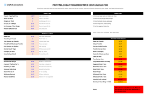 Printable Heat Transfer Paper Cost Calculator screenshot showing inputs, calculated results, and status line