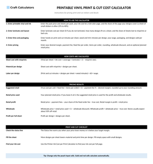 Printable Vinyl Print & Cut Cost Calculator instructions tab explaining how to use the workbook and what the results mean