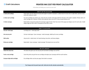 Printer Ink Cost per Print Calculator instructions tab explaining how to use the workbook and what the results mean