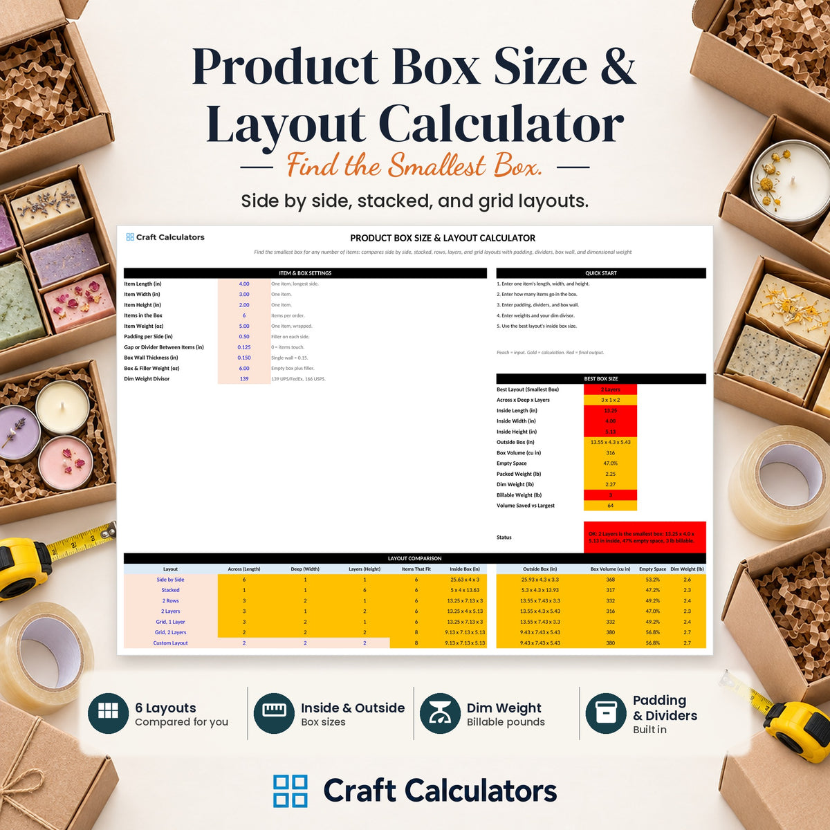 Product Box Size & Layout Calculator spreadsheet by Craft Calculators for handmade sellers