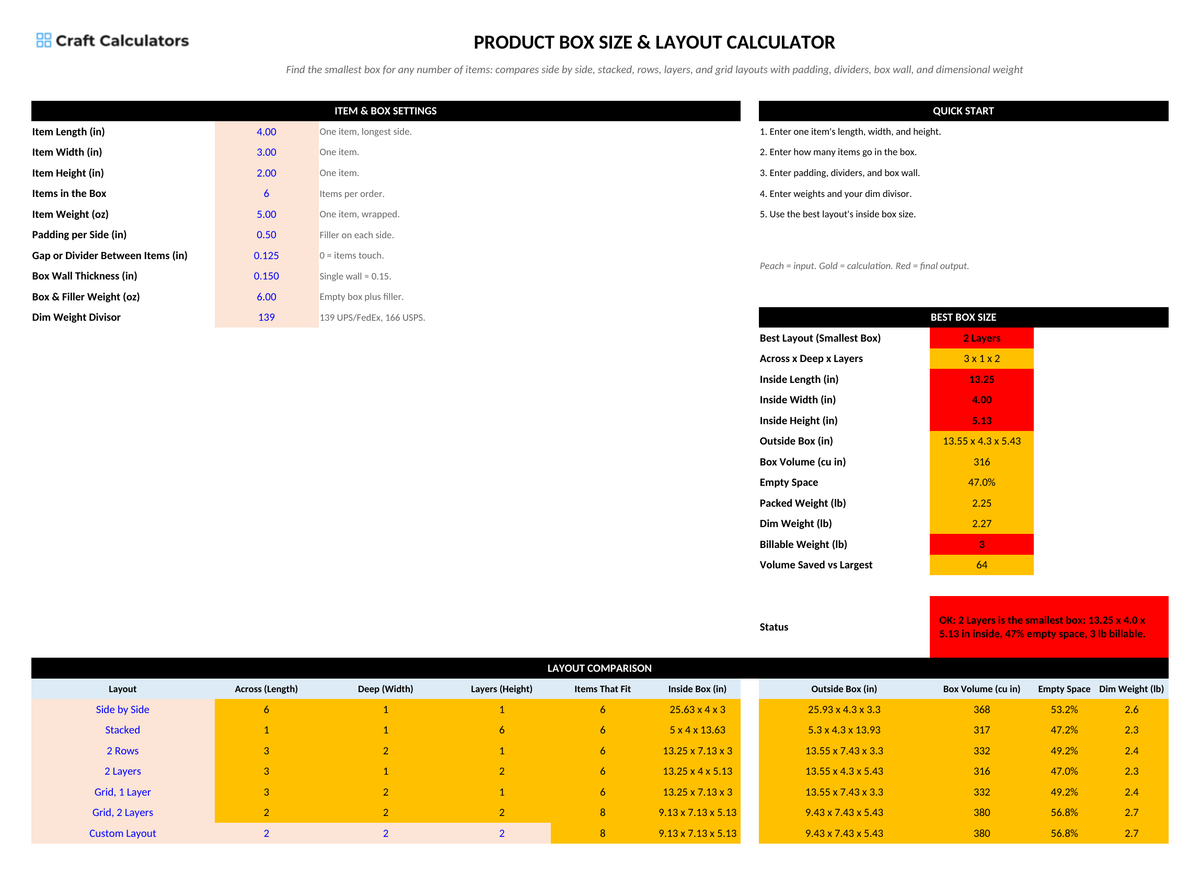 Product Box Size & Layout Calculator screenshot showing inputs, calculated results, and status line