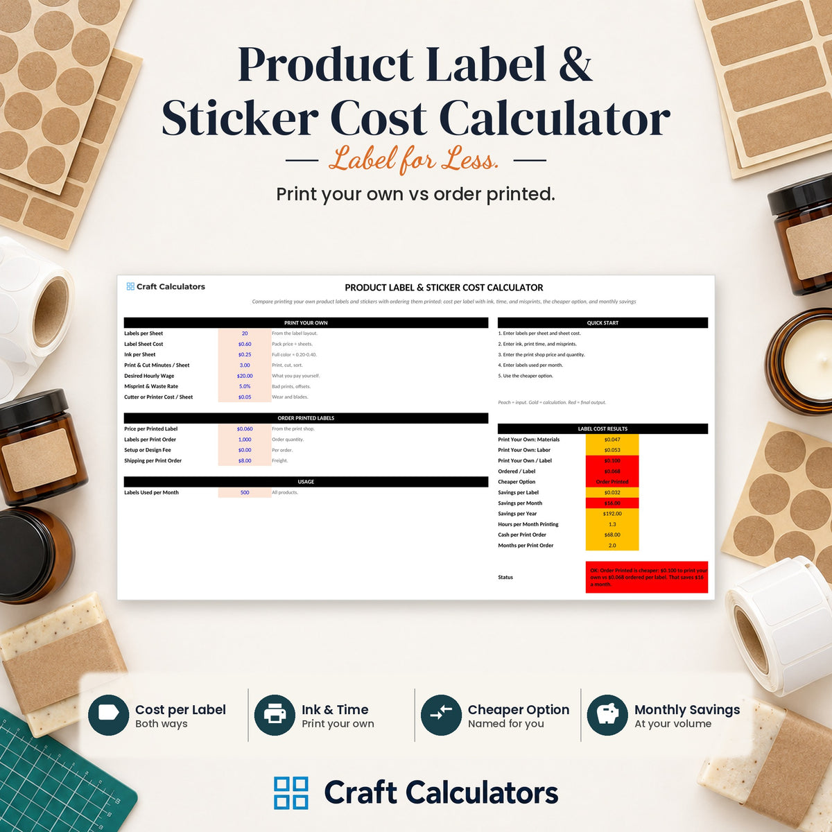 Product Label & Sticker Cost Calculator spreadsheet by Craft Calculators for handmade sellers