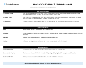 Production Schedule & Deadline Planner instructions tab explaining how to use the workbook and what the results mean