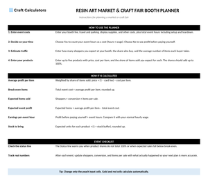 Resin Art Market & Craft Fair Booth Planner instructions tab explaining how to use the workbook and what the results mean