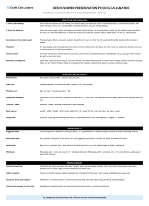 Resin Flower Preservation Pricing Calculator instructions tab explaining how to use the workbook and what the results mean