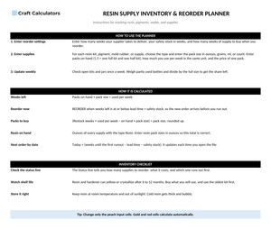 Resin Supply Inventory & Reorder Planner instructions tab explaining how to use the workbook and what the results mean