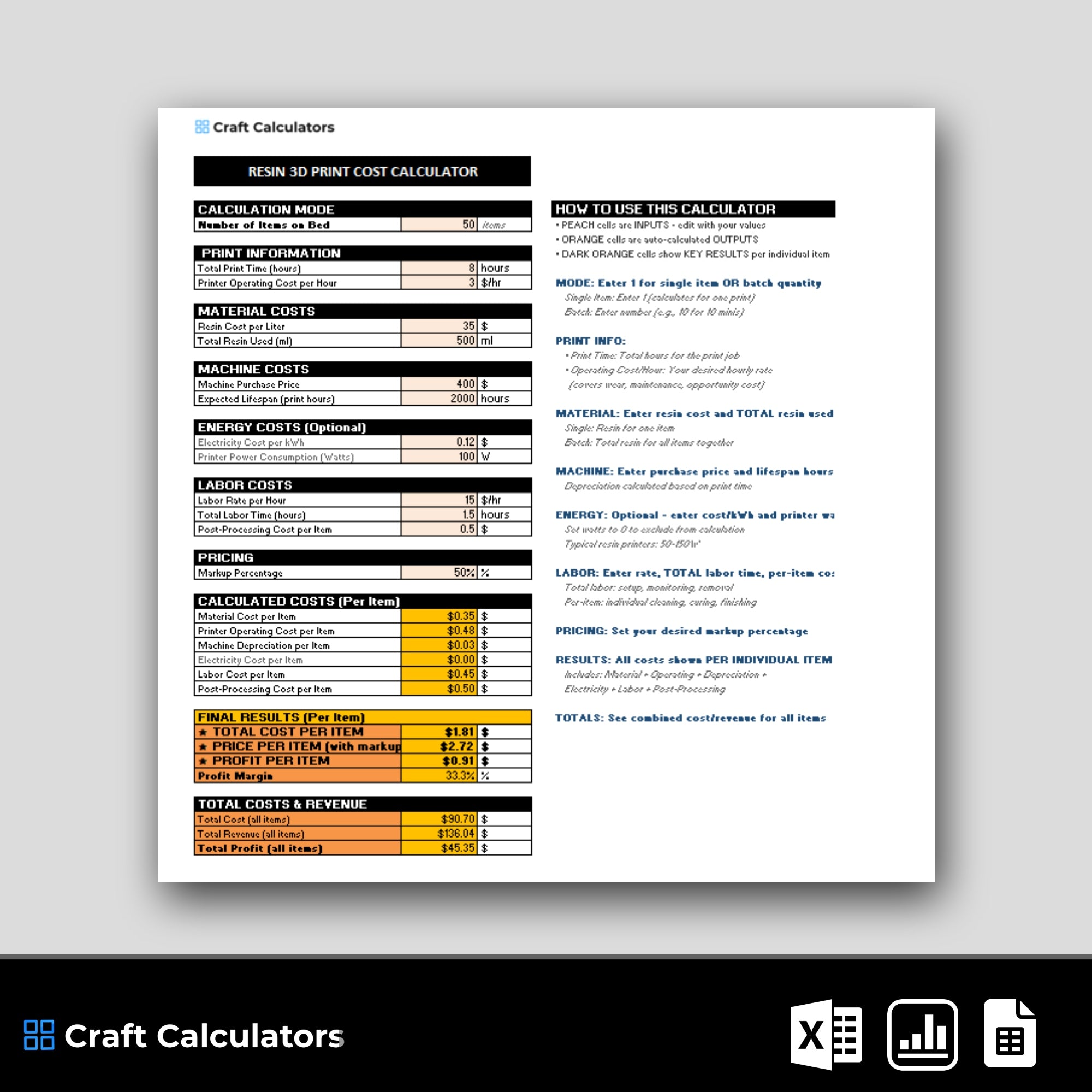 Resin 3D Printing Product Cost Calculator