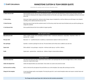 Rhinestone Custom & Team Order Quote instructions tab explaining how to use the workbook and what the results mean