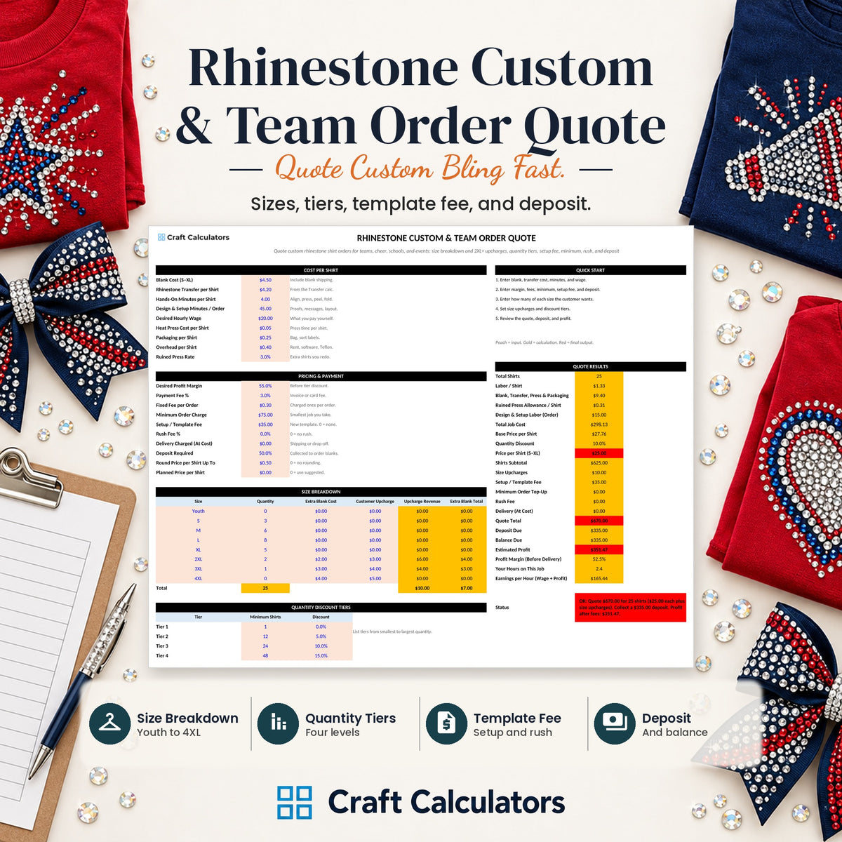 Rhinestone Custom & Team Order Quote spreadsheet by Craft Calculators for rhinestone sellers