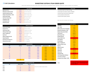 Rhinestone Custom & Team Order Quote screenshot showing inputs, calculated results, and status line