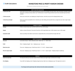 Rhinestone Price & Profit Margin Checker instructions tab explaining how to use the workbook and what the results mean