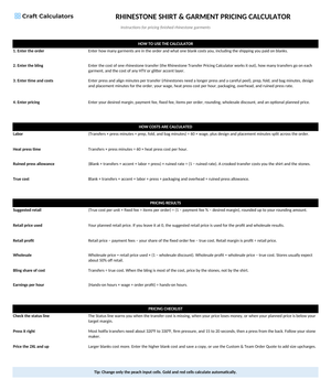 Rhinestone Shirt & Garment Pricing Calculator instructions tab explaining how to use the workbook and what the results mean