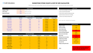 Rhinestone Stone Count & Cost by Size Calculator screenshot showing inputs, calculated results, and status line