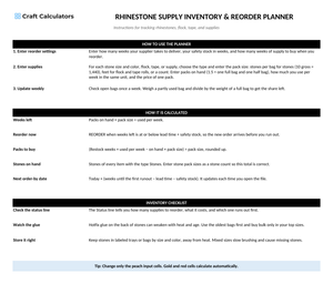 Rhinestone Supply Inventory & Reorder Planner instructions tab explaining how to use the workbook and what the results mean