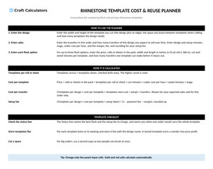 Rhinestone Template Cost & Reuse Planner instructions tab explaining how to use the workbook and what the results mean