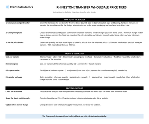 Rhinestone Transfer Wholesale Price Tiers instructions tab explaining how to use the workbook and what the results mean