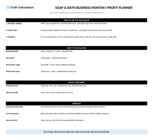 Soap & Bath Business Monthly Profit Planner instructions tab explaining how to use the workbook and what the results mean