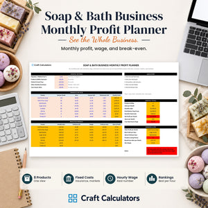 Soap & Bath Business Monthly Profit Planner spreadsheet by Craft Calculators for handmade sellers