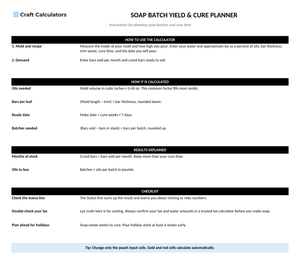 Soap Batch Yield & Cure Planner instructions tab explaining how to use the workbook and what the results mean