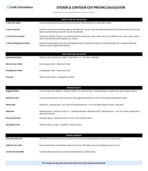 Sticker & Contour Cut Pricing Calculator instructions tab explaining how to use the workbook and what the results mean