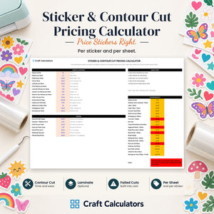 Sticker & Contour Cut Pricing Calculator spreadsheet by Craft Calculators for sublimation sellers