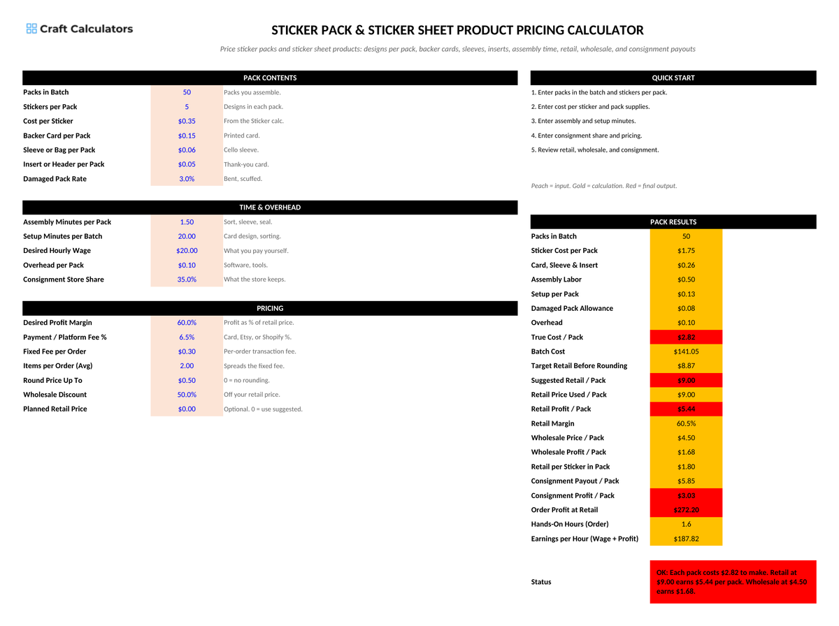 Sticker Pack & Sticker Sheet Pricing Calculator screenshot showing inputs, calculated results, and status line