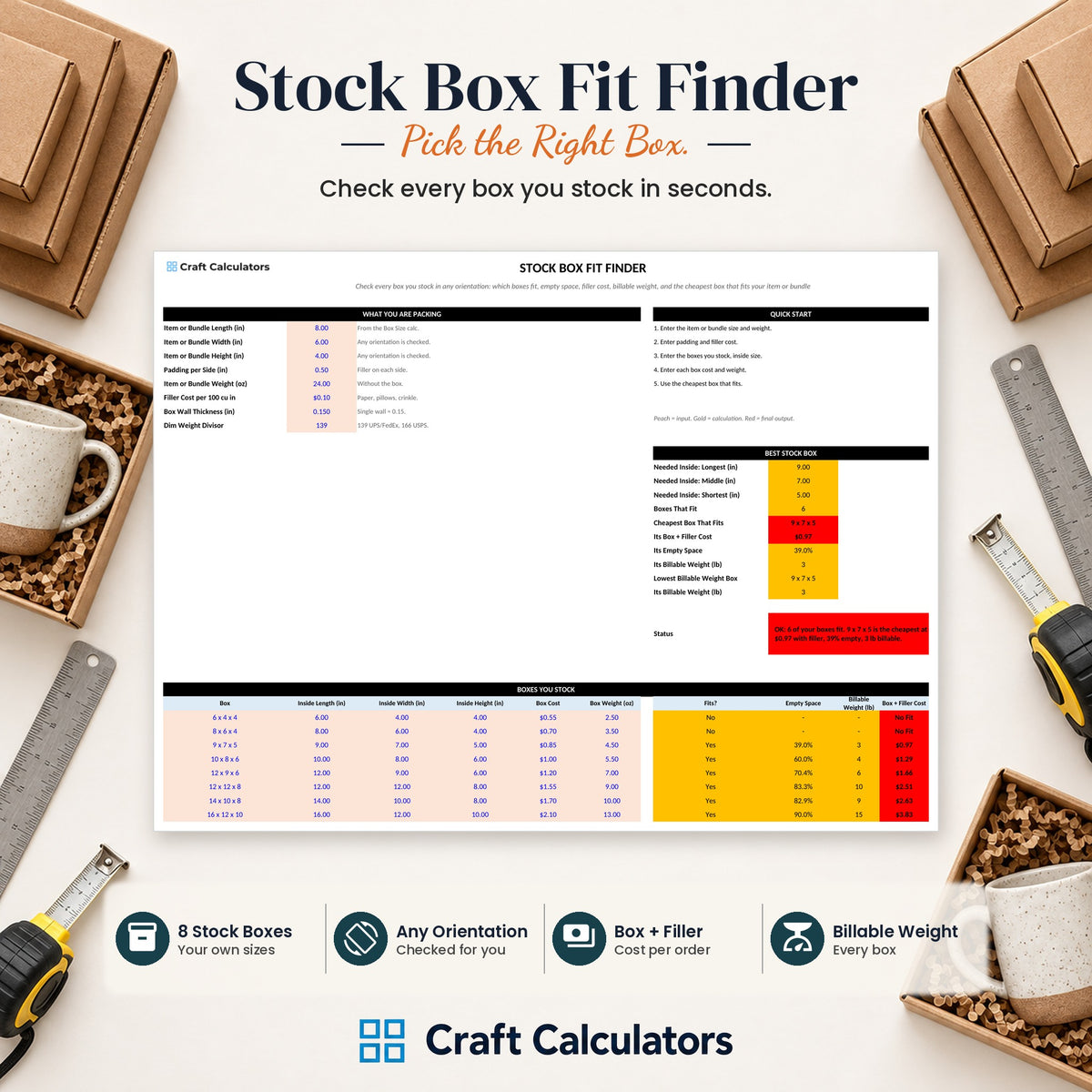 Stock Box Fit Finder spreadsheet by Craft Calculators for handmade sellers