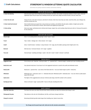 Storefront & Window Lettering Quote Calculator instructions tab explaining how to use the workbook and what the results mean