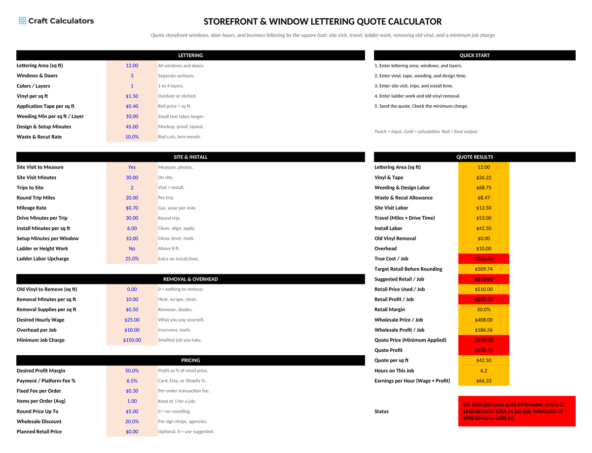 Storefront & Window Lettering Quote Calculator screenshot showing inputs, calculated results, and status line