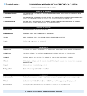 Sublimation Mug & Drinkware Pricing Calculator instructions tab explaining how to use the workbook and what the results mean