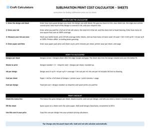 Sublimation Print Cost Calculator – Sheets instructions tab explaining how to use the workbook and what the results mean