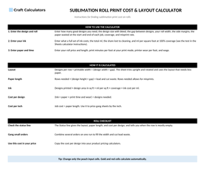 Sublimation Roll Print Cost & Layout Calculator instructions tab explaining how to use the workbook and what the results mean