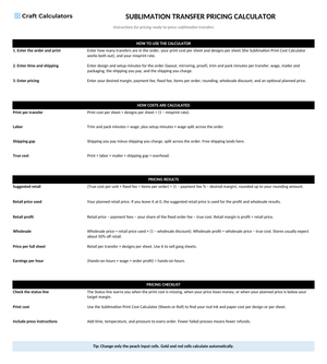 Sublimation Transfer Pricing Calculator instructions tab explaining how to use the workbook and what the results mean