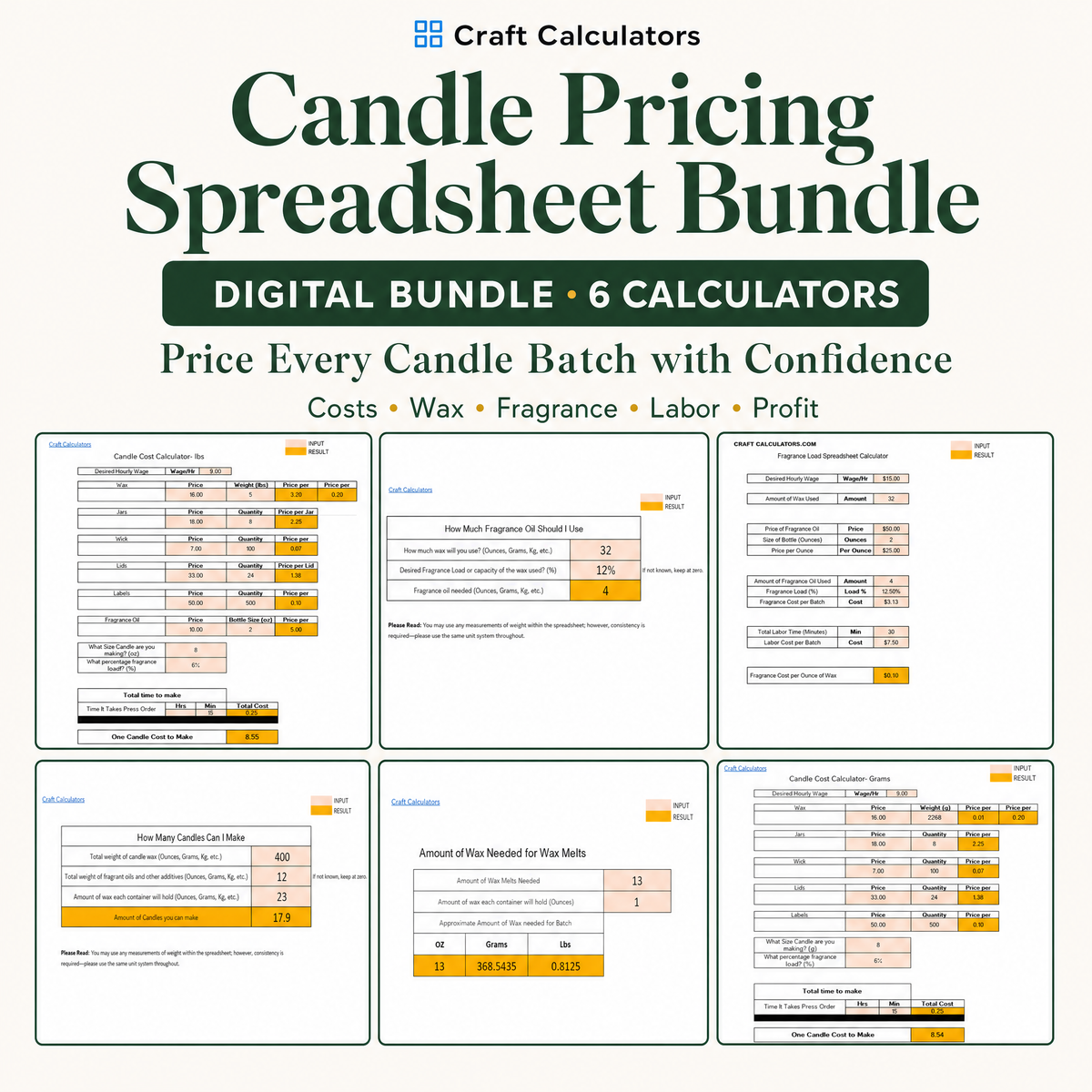 Candle Pricing Spreadsheet Bundle – 6 Editable Pricing Tools