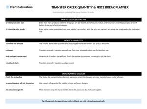 Transfer Order Quantity & Price Break Planner instructions tab explaining how to use the workbook and what the results mean