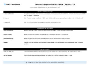 Tumbler Equipment Payback Calculator instructions tab explaining how to use the workbook and what the results mean