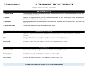 UV DTF Gang Sheet Price List Calculator instructions tab explaining how to use the workbook and what the results mean