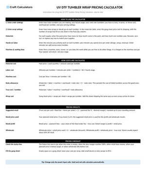 UV DTF Tumbler Wrap Pricing Calculator instructions tab explaining how to use the workbook and what the results mean