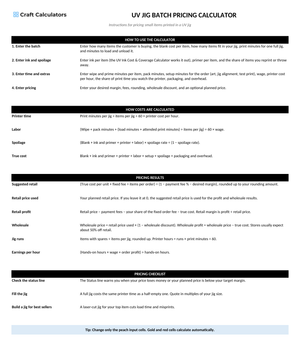 UV Jig Batch Pricing Calculator instructions tab explaining how to use the workbook and what the results mean
