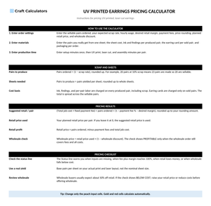 UV Printed Earrings Pricing Calculator instructions tab explaining how to use the workbook and what the results mean
