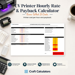 UV Printer Hourly Rate & Payback Calculator spreadsheet by Craft Calculators for UV printing sellers