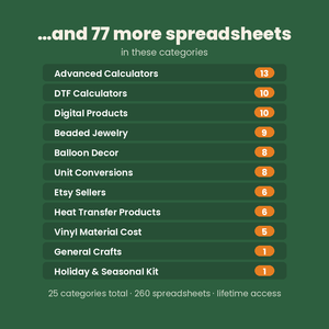 77 more spreadsheets: advanced, DTF, digital products, beaded jewelry, balloon decor, units, Etsy, heat transfer, vinyl, general and holiday