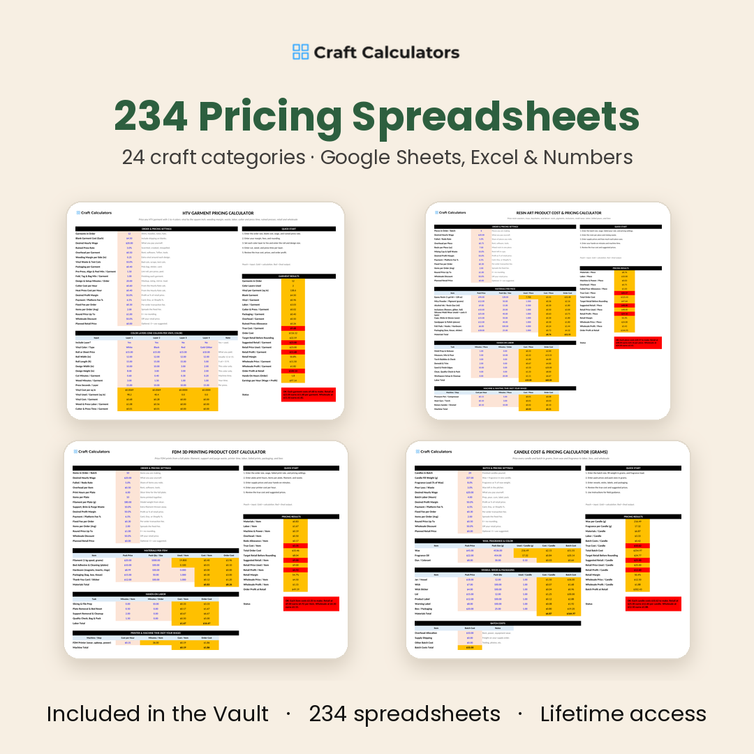 234 pricing spreadsheets across 24 craft categories for Google Sheets, Excel and Numbers